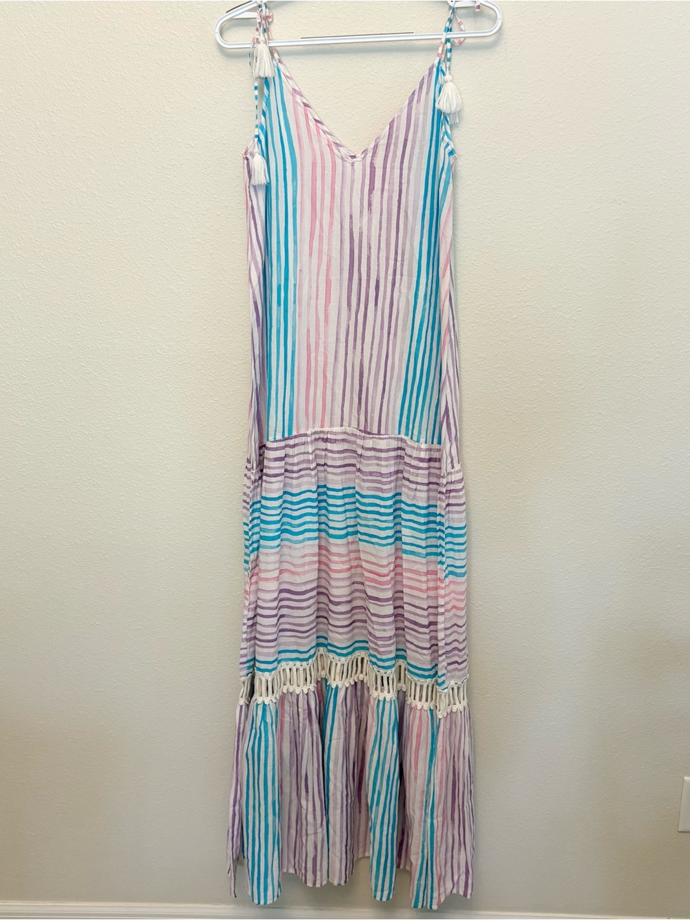 Anthropologie Bindu Tiered Multi Color Striped Maxi Dress Size S Tassel Summer